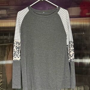 Gray and White Women's Top with Leopard Print Sleeves